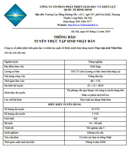 THÔNG BÁO TUYỂN ĐƠN HÀNG NÔNG NGHIỆP NHẬT BẢN